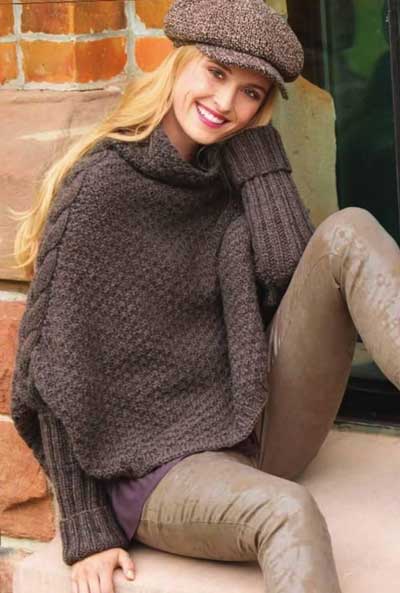Вязание для женщин Коричневый пуловер - накидка спицами