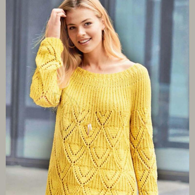 Вязание для женщин. Желтый пуловер с круглой кокеткой спицами