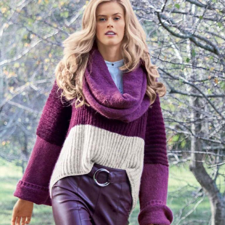 Вязание для женщин. Объемный пуловер с удлиненной спинкой спицами