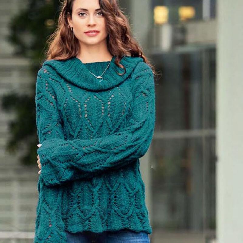 Вязание для женщин. Иссиня-зеленый пуловер спицами