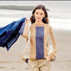 Вязание для женщин. Трехцветный пуловер с ажурными полосами спицами