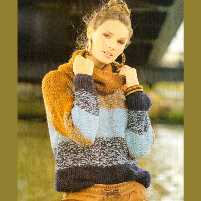 Вязание для женщин. Пуловер в полоску и шарф-воротник спицами