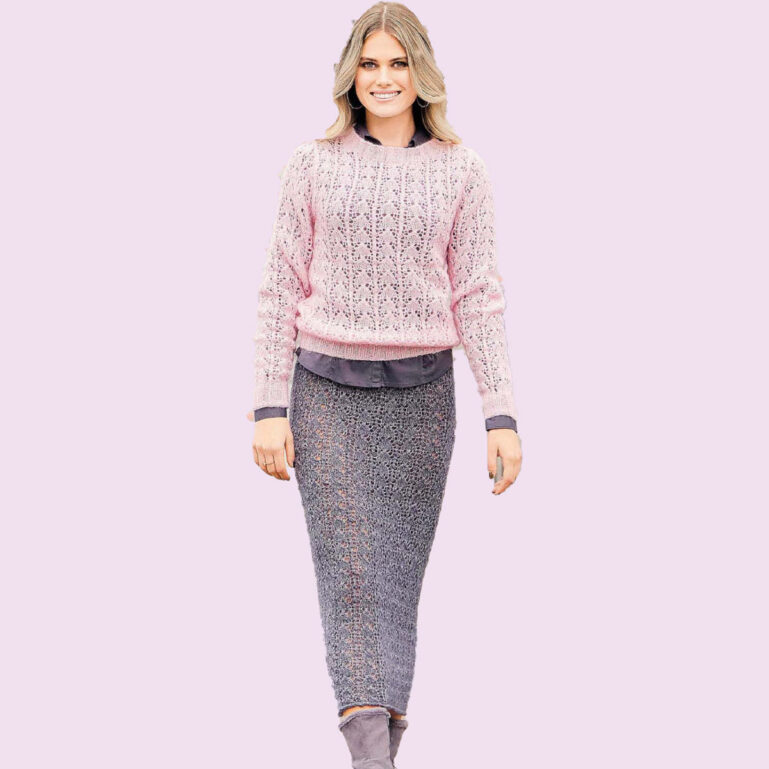 Вязание для женщин. Ажурный пуловер и юбка миди спицами